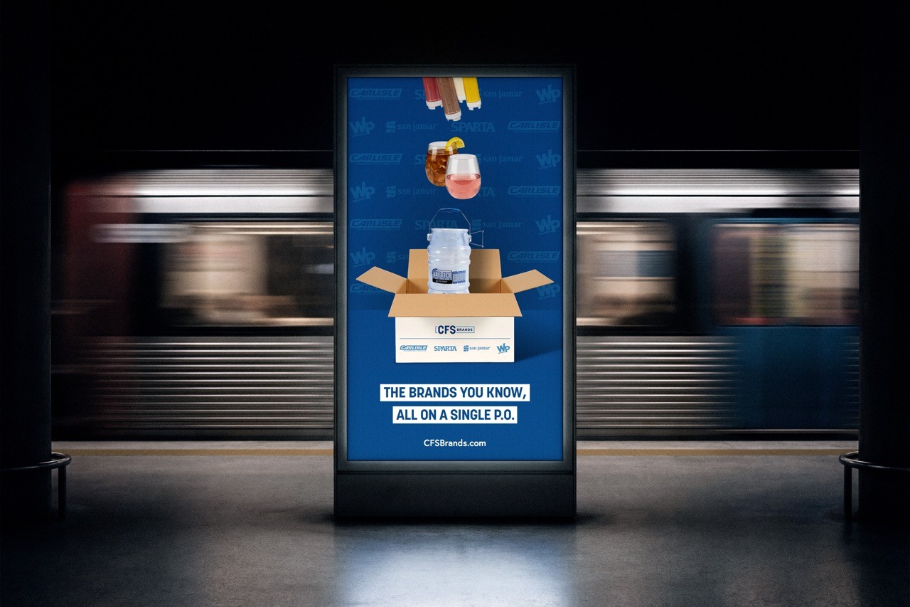 OOH poster advertising CFS Brands with text, "all the brands you know on a single P.O."