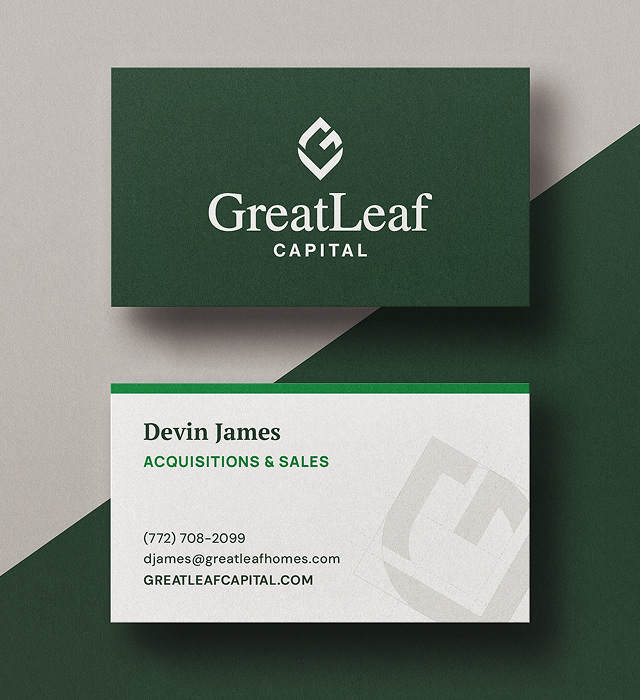 Photos of print collateral showcasing the GreatLeaf Capital branding. Materials include a branded folder, business cards and a notepad, all featuring predominantly rich green colors.