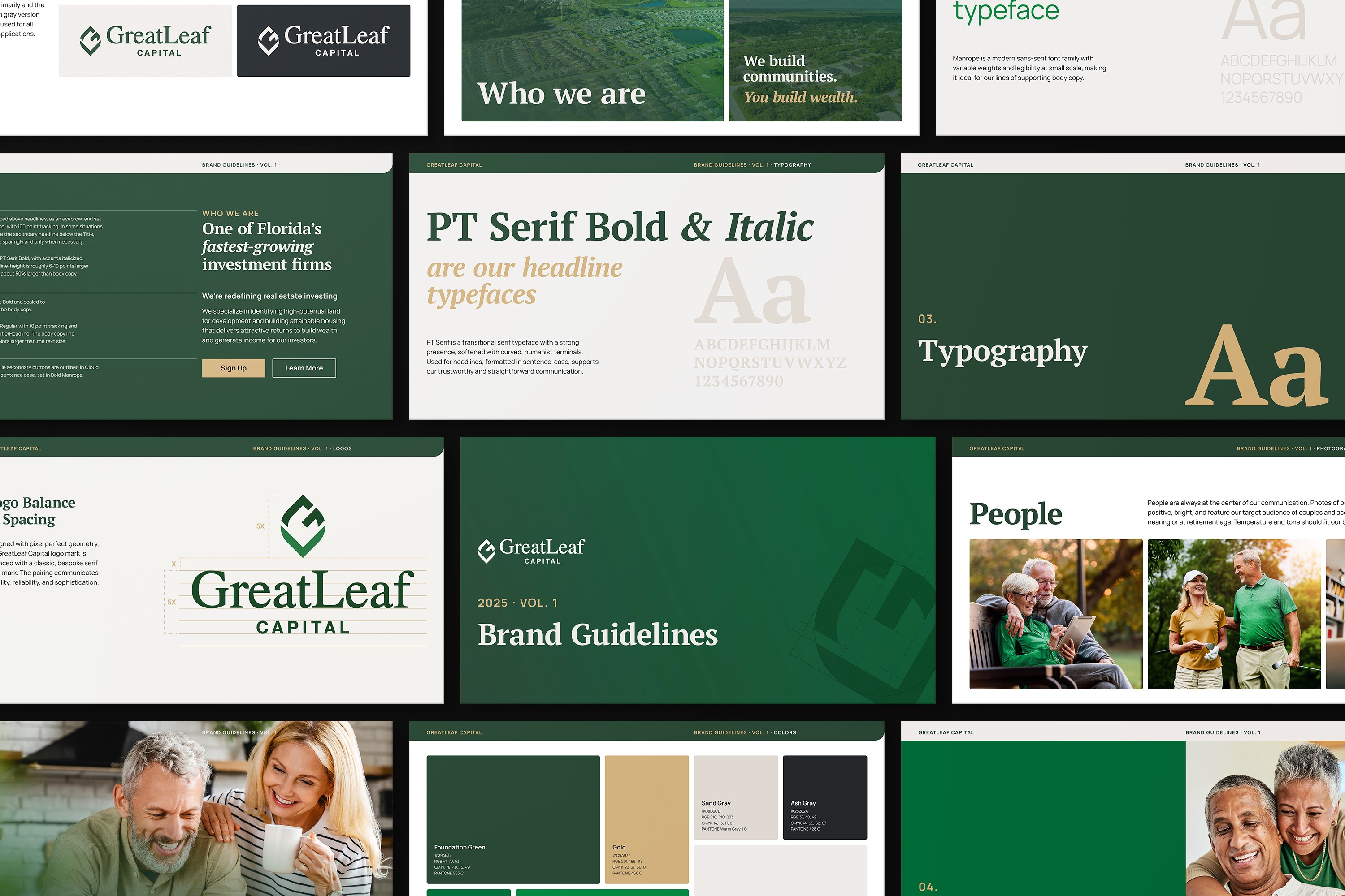 Flatlay image showing pages from the GreatLeaf Capital Brand Guidelines. Branding is rich green and gold, paired with rich photos of happy couples nearing retirement age.