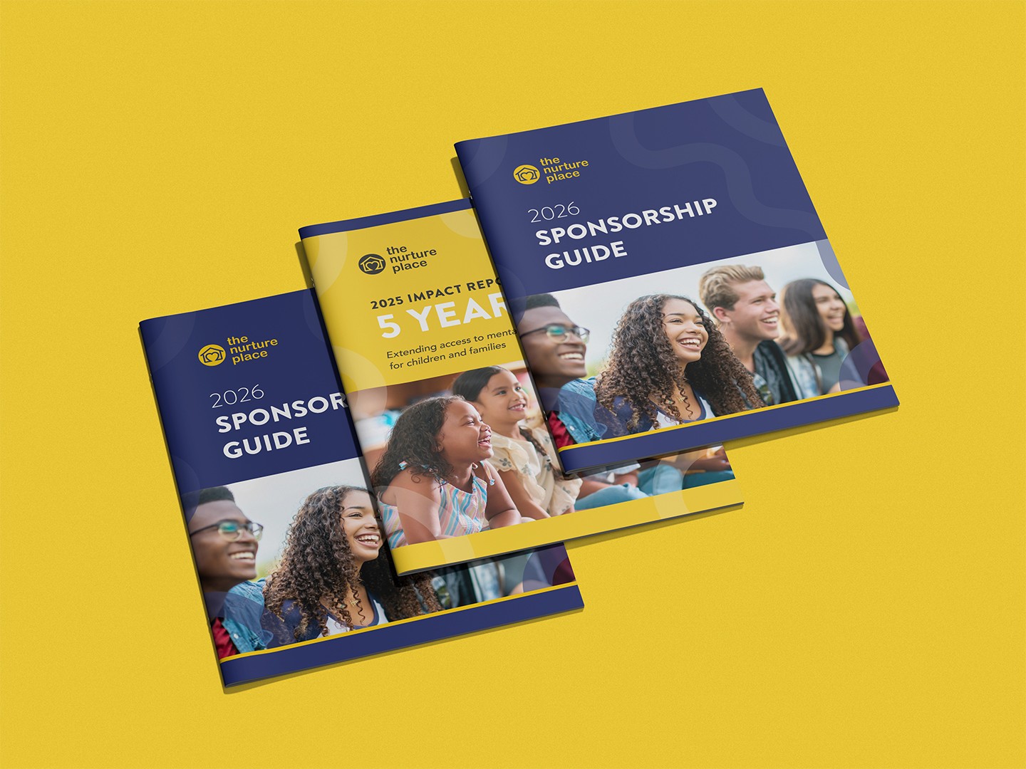Sponsorship guide and impact report cover designs for the Nurture Place
