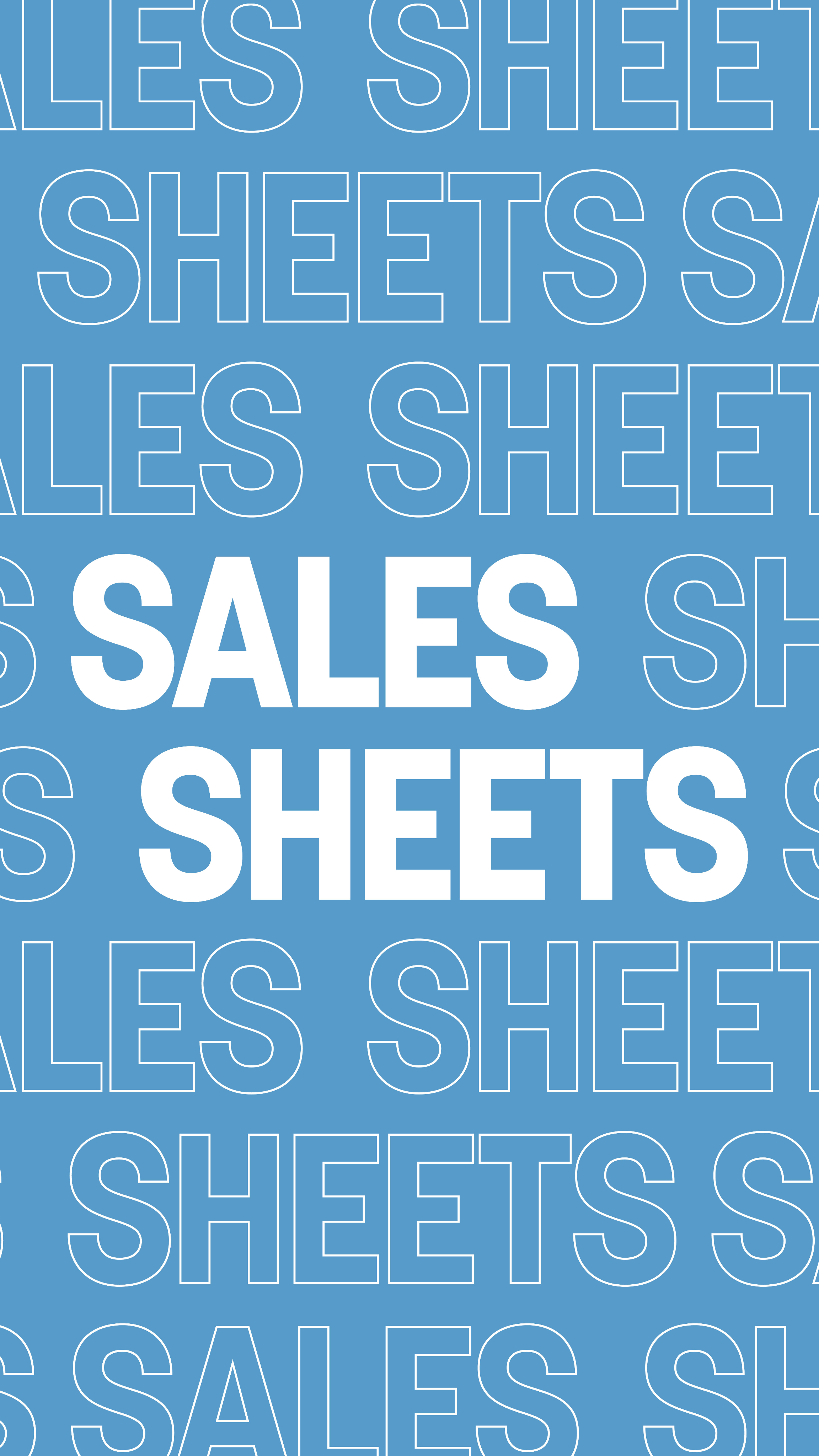 blue image with bold, repeating typography with the text "Sales Sheets"