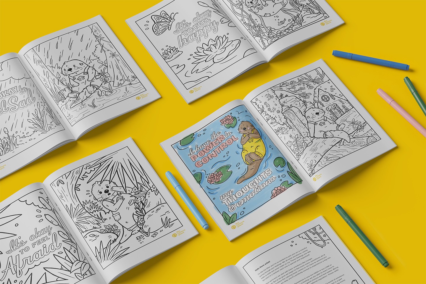 Coloring book pages with illustrations of otters