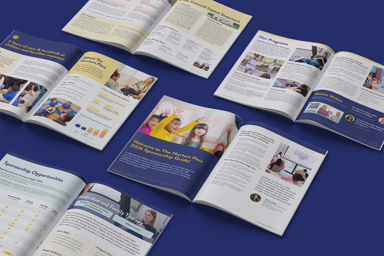 Internior spreads of Sponsorship guide and Impact report featuring photos of happy kids and infographics