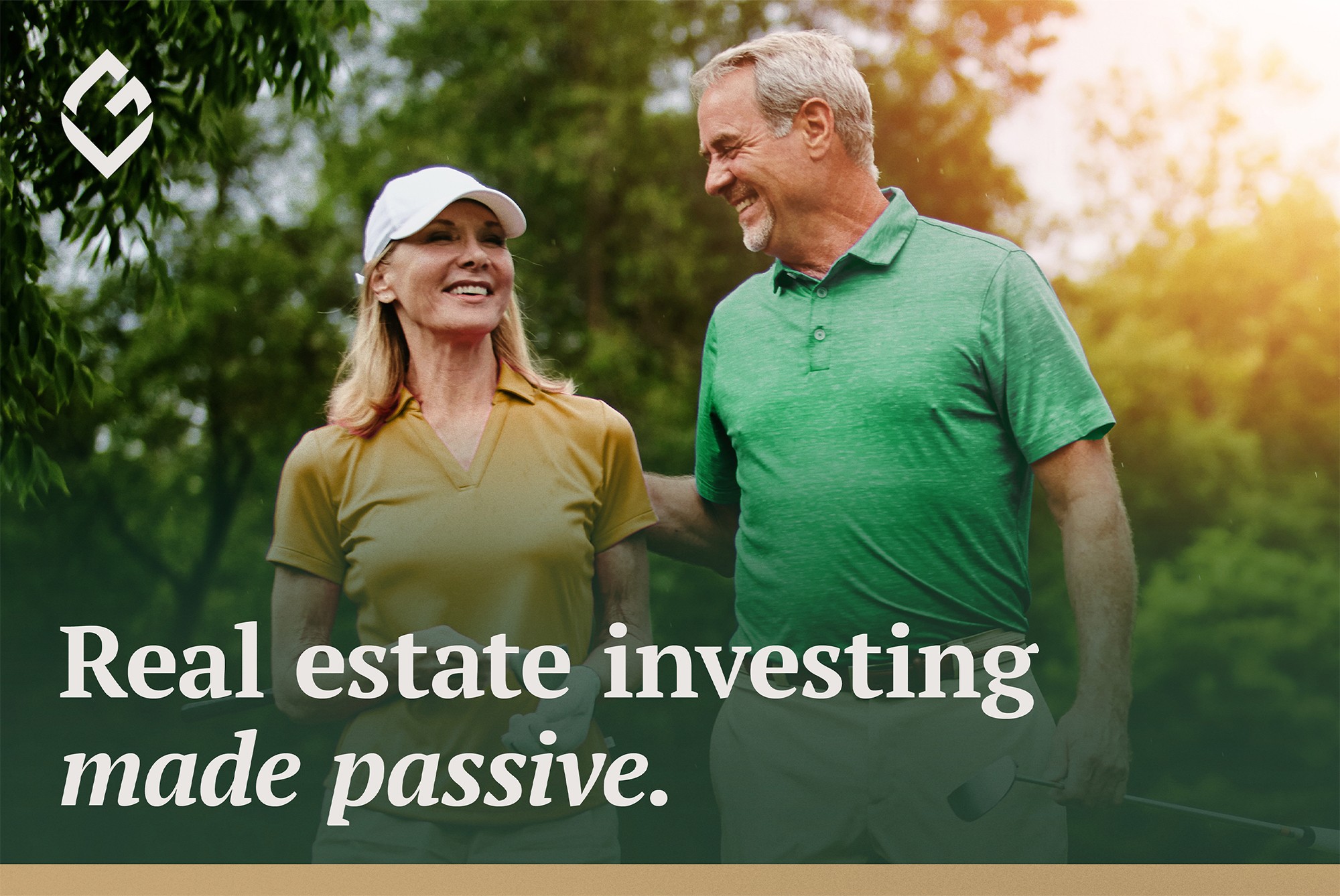 Happy couple with tagline, "real estate investing made passive."