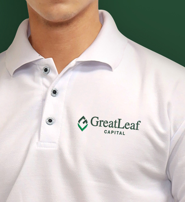 GreatLeaf Capital white polo shirt with logo