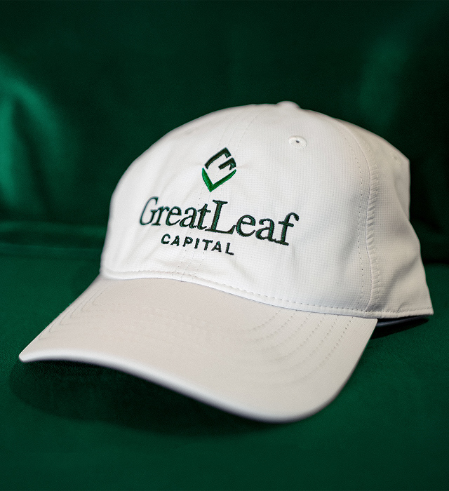 White ball cap / hat with Great Leaf Capital logo embroidered