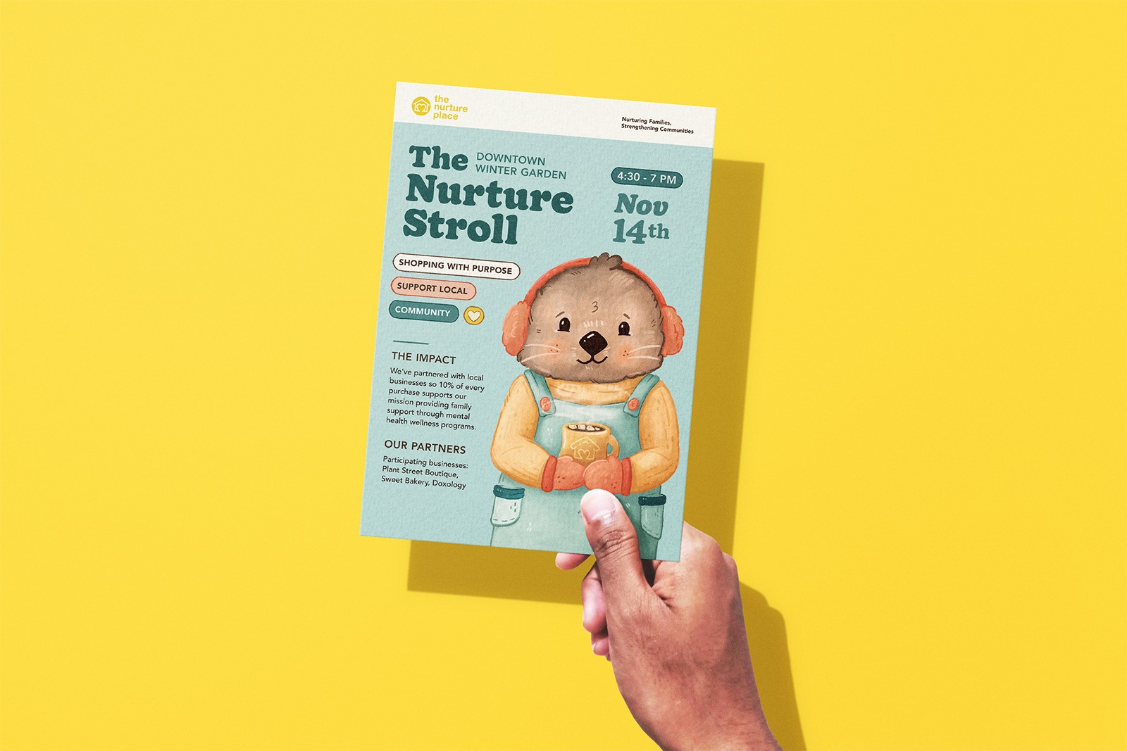 Event flyer for the Nurture Stroll promoting a local event featuring Otto, the otter in winter attire