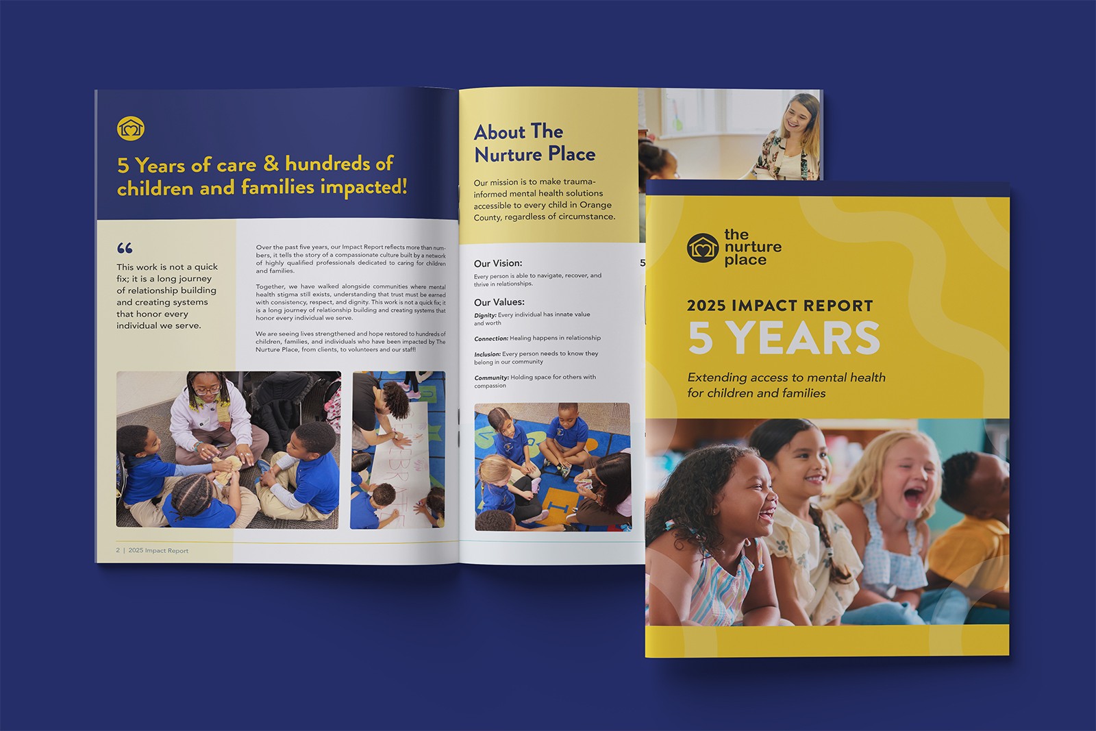 Image of the cover and first spread of a 2025 impact report for The Nurture Place
