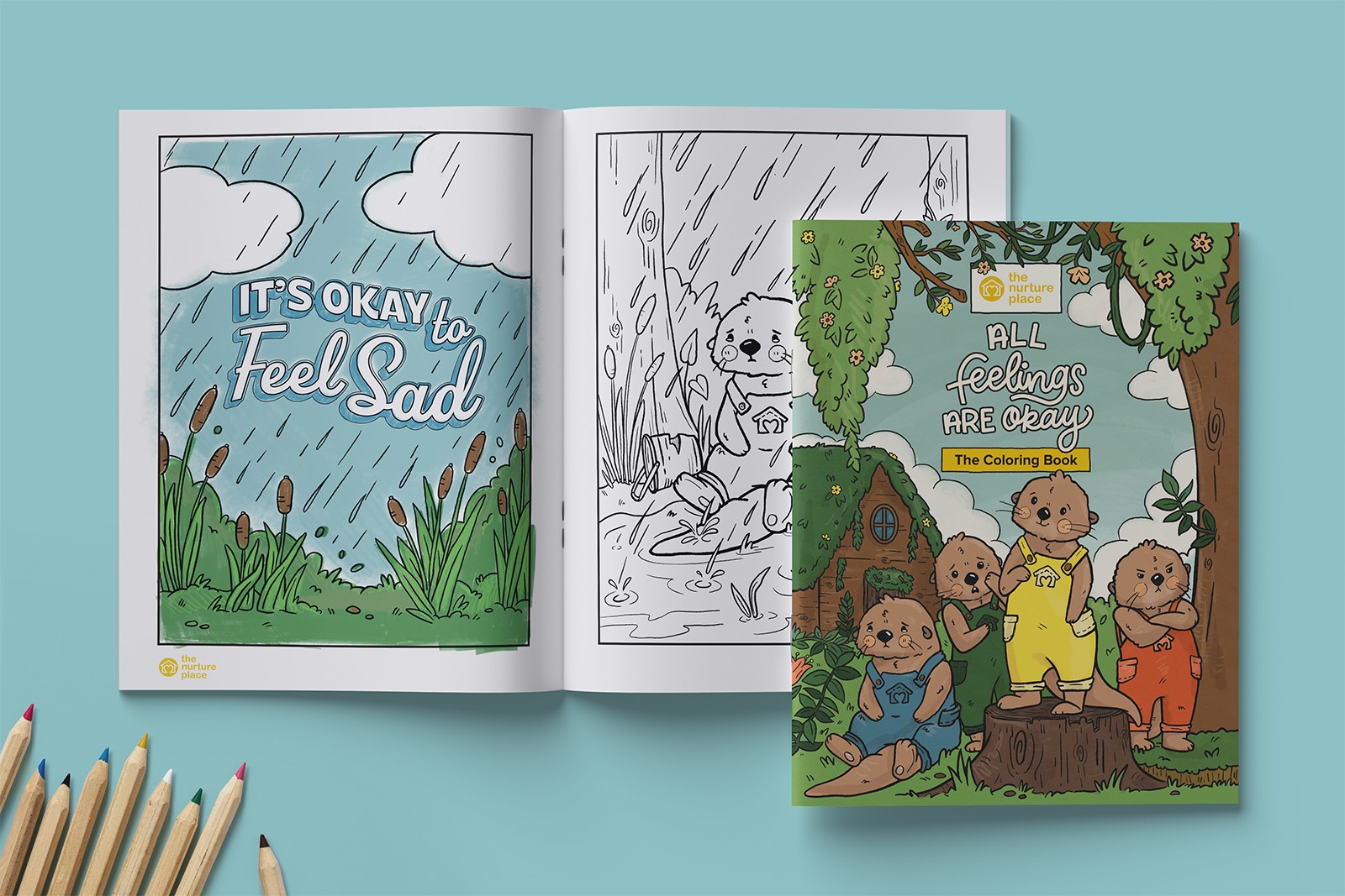 The coloring book, "All Feelings Are Okay" featuring an otter expressing a variety of emotions.