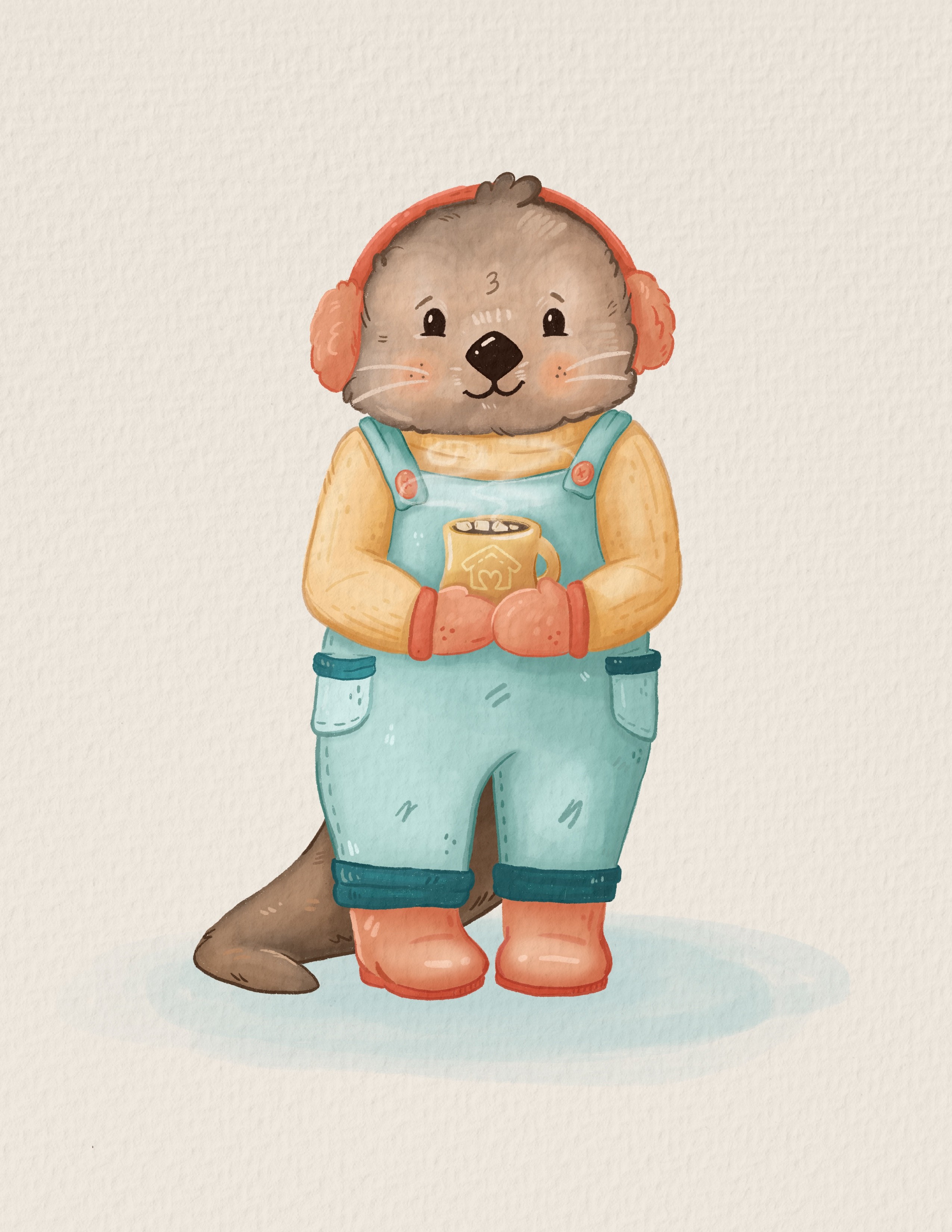 Digital Watercolor of an otter in earmuffs and sweater holding hot cocoa