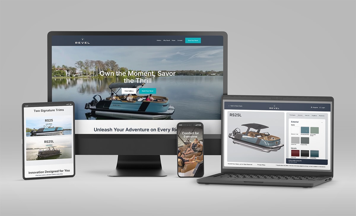 Collection of digital devices showcasing the Revel Boats website and boat configurator.