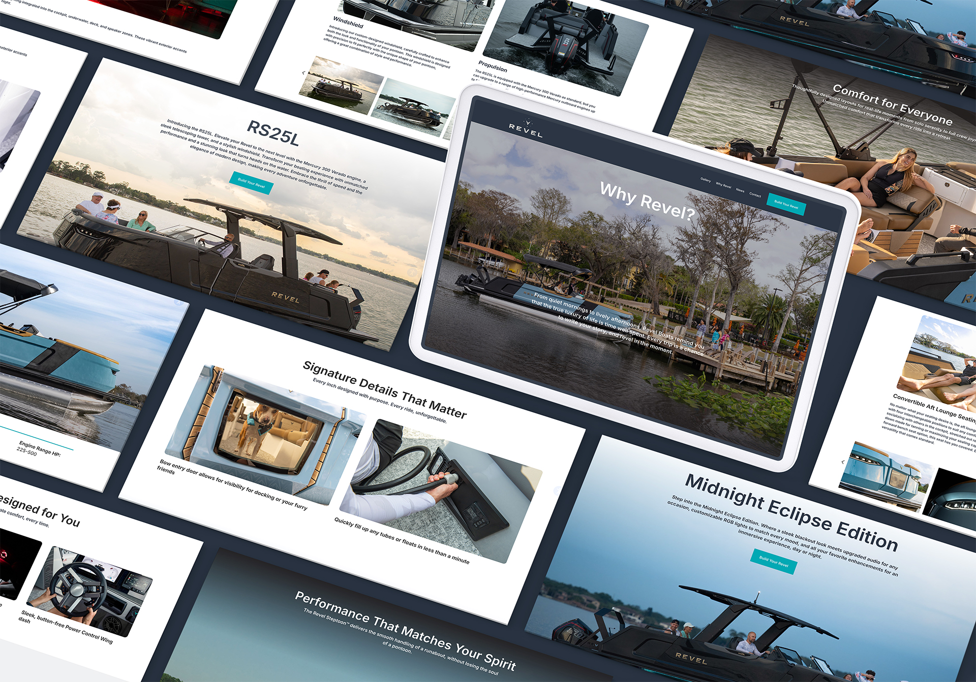 Collection of screens showing different sections of the Revel Boats website.